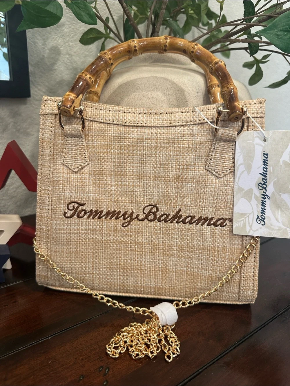 Tommy Bahama Beige Woven Tote with Bamboo Handles & Gold Chain